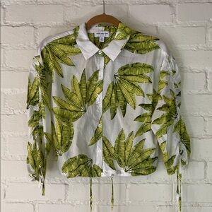 Marc New York White Cotton Button-Down Shirt Green Tropical Leaf Print Size PS